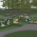 Outdoor Children's Play Area With Natural Grass Trees Stones Water Features And Curved Paths
