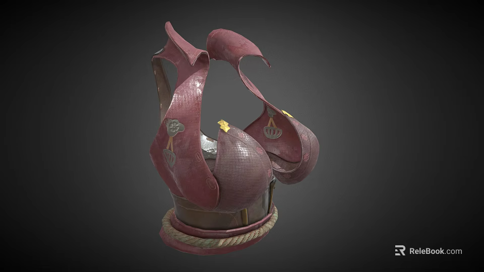 Stylish Red Hat with Unique Curved Design and Golden Accents Rope Trim 3d model 