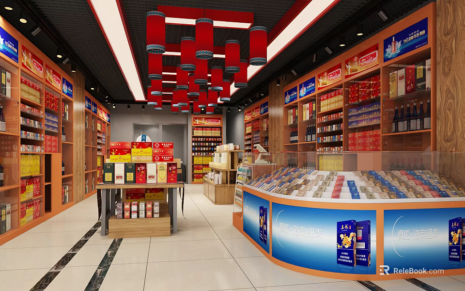 Modern Tobacco And Alcohol Store Interior With Red Lanterns Shelves And Display Counter 3d model 