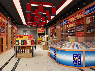 Modern Tobacco And Alcohol Store Interior With Red Lanterns Shelves And Display Counter 3d model