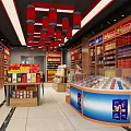 Modern Tobacco And Alcohol Store Interior With Red Lanterns Shelves And Display Counter