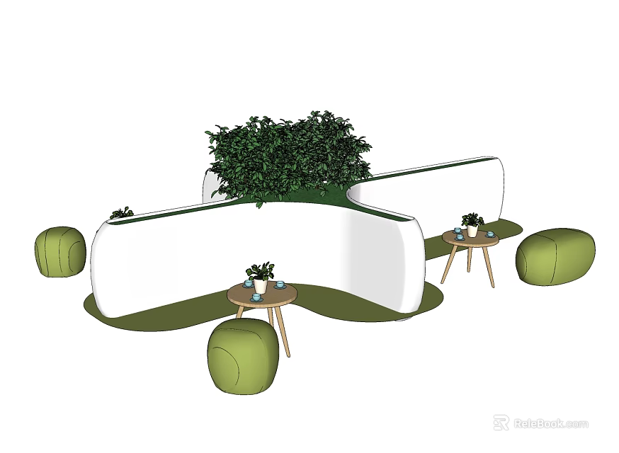 White Outdoor Landscape Seating With Central Green Plants Small Tables And Round Green Cushions 3d model 