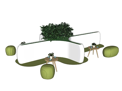 White Outdoor Landscape Seating With Central Green Plants Small Tables And Round Green Cushions 3d model