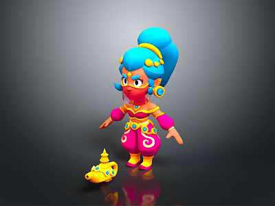 Vibrant Animated Game Character With Blue Hair Pink Outfit Jeweled Accessories And Yellow Magic Lamp 3d model