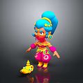 Vibrant Animated Game Character With Blue Hair Pink Outfit Jeweled Accessories And Yellow Magic Lamp