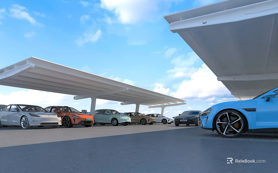 Various Colored Cars in Parking Lot under White Canopies with Blue Sky and White Clouds 3d model 