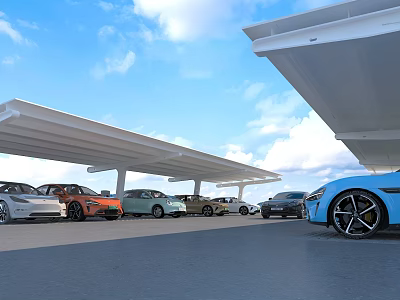 Various Colored Cars in Parking Lot under White Canopies with Blue Sky and White Clouds 3d model