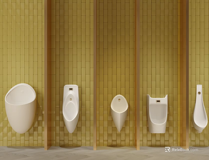 Different Styles White Urinals on Yellow Brick Wall with Wooden Partitions 3d model 