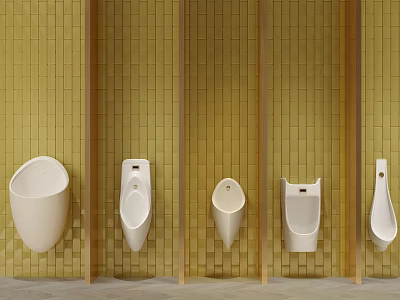 Different Styles White Urinals on Yellow Brick Wall with Wooden Partitions 3d model