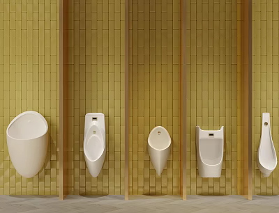 Different Styles White Urinals on Yellow Brick Wall with Wooden Partitions 3d model