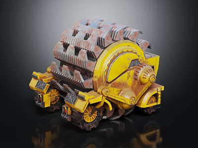 Yellow Industrial Mechanical Crawler Vehicle With Rusty Gears And Tracks 3d model