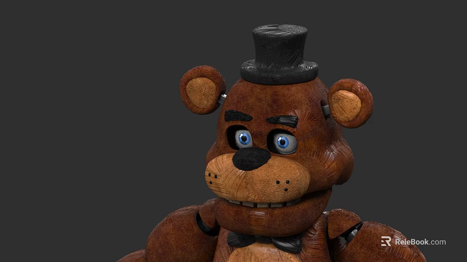 Brown Toy Bear Wearing Black Top Hat And Bow Tie With Blue Eyes 3d model 