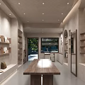 Modern Minimalist Mall Store Interior with Arched Walls Built in Shelves and Wooden Table