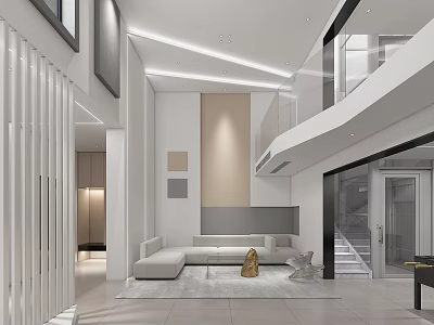 Modern Duplex Living Room Interior With High Ceiling Sofa And Staircase 3d model