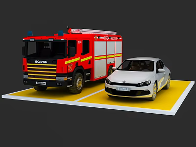 Red Fire Truck Parked With White Car On Yellow Display Platform 3d model