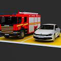 Red Fire Truck Parked With White Car On Yellow Display Platform