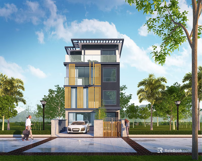 Modern Detached Villa Exterior With Green Lawn Trees And White Car 3d model 