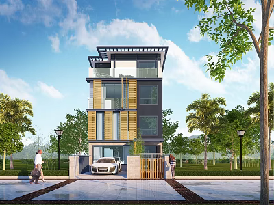 Modern Detached Villa Exterior With Green Lawn Trees And White Car 3d model