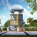 Modern Detached Villa Exterior With Green Lawn Trees And White Car