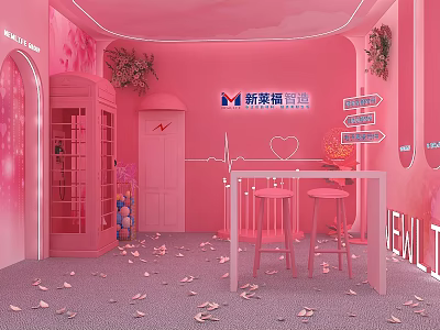 Pink Public Office Space With Neon Lights Phone Booth Tables And Flower Petals 3d model