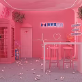 Pink Public Office Space With Neon Lights Phone Booth Tables And Flower Petals