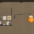 Modern Adjustable Arm Wall Lamp on Wooden Wall with Shelf and Decorative Items