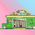 Green Ice Cream Truck With Ice Cream Dessert Decorations And Striped Umbrella Outdoor