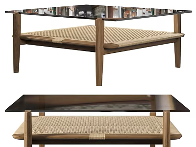 Modern Wooden Table Design With Glass Top And Woven Seat For Home 3d model