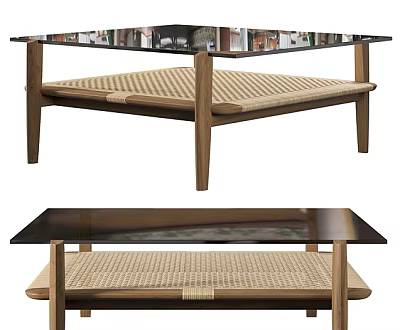 Modern Wooden Table Design With Glass Top And Woven Seat For Home 3d model