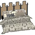 Elegant Double Bed With Black And Beige Ornate Headboard Decorative Pillows White Patterned Bedspread 3d model