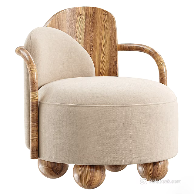 Elegant Modern Beige Upholstered Sofa With Wooden Armrests And Round Coffee Table Set 3d model 