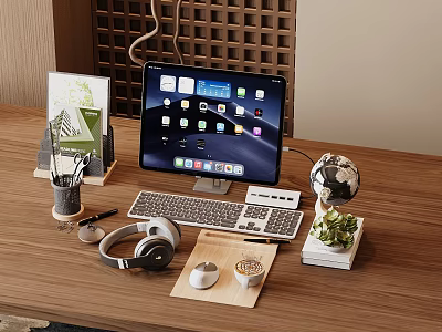Tablet with Keyboard Mouse and Headphones on Wooden Desk with Globe Potted Plant and Stationery 3d model
