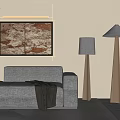 Gray Multi person Sofa With Blanket Floor Lamps Decorative Artwork And Rug On Wooden Floor