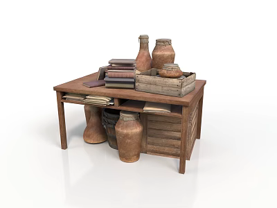 Artisanal Carved Clay Sculptures Displayed On Wooden Table With Books And Vessels 3d model