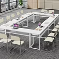 White Rectangular Conference Table With Light Chairs Laptops And Office Setting 3d model