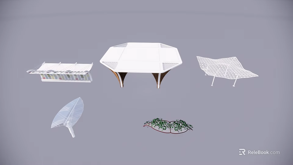 Different Outdoor Shade Structures Including Hexagonal Leaf Grid And Plant Designs 3d model 