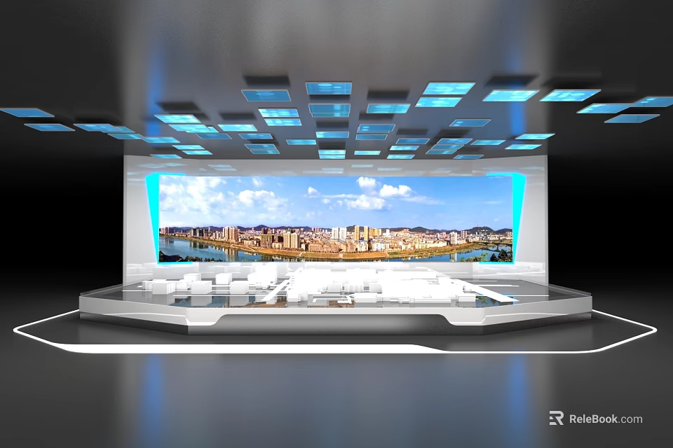 Modern Stage Design With Large Screen Cityscape And Blue Lit Ceiling Squares 3d model 