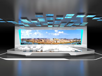 Modern Stage Design With Large Screen Cityscape And Blue Lit Ceiling Squares 3d model