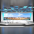 Modern Stage Design With Large Screen Cityscape And Blue Lit Ceiling Squares 3d model