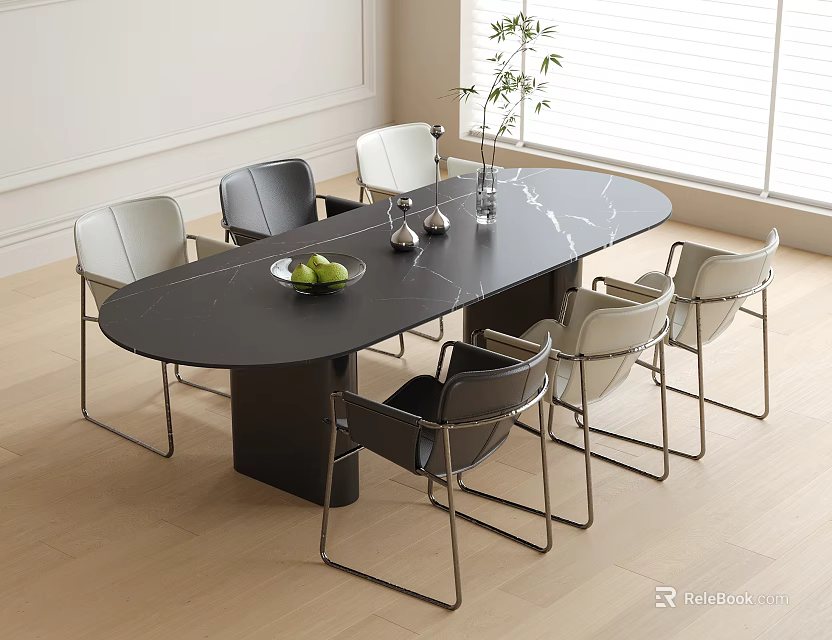 Modern Black Marble Oval Table With Grey White Metal Leg Chairs Set 3d model 