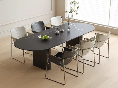Modern Black Marble Oval Table With Grey White Metal Leg Chairs Set 3d model