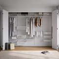Modern Organized Wardrobe With White Shelves Transparent Storage Boxes And Hanging Clothes