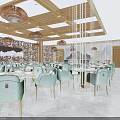 Modern Restaurant Interior Design With Wooden Display Shelves And Marble Counter Pendant Lights
