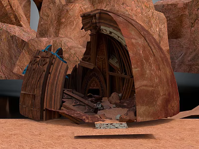 Cartoon Scene with Old Broken Stone Door Rocky Surroundings and Wooden Structure on Sandy Ground 3d model