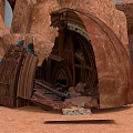 Cartoon Scene with Old Broken Stone Door Rocky Surroundings and Wooden Structure on Sandy Ground