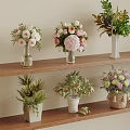 Wooden Shelves with Glass Vases Ceramic Pots and Woven Basket Holding Mixed Flowers Green Plants