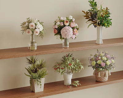 Wooden Shelves with Glass Vases Ceramic Pots and Woven Basket Holding Mixed Flowers Green Plants 3d model