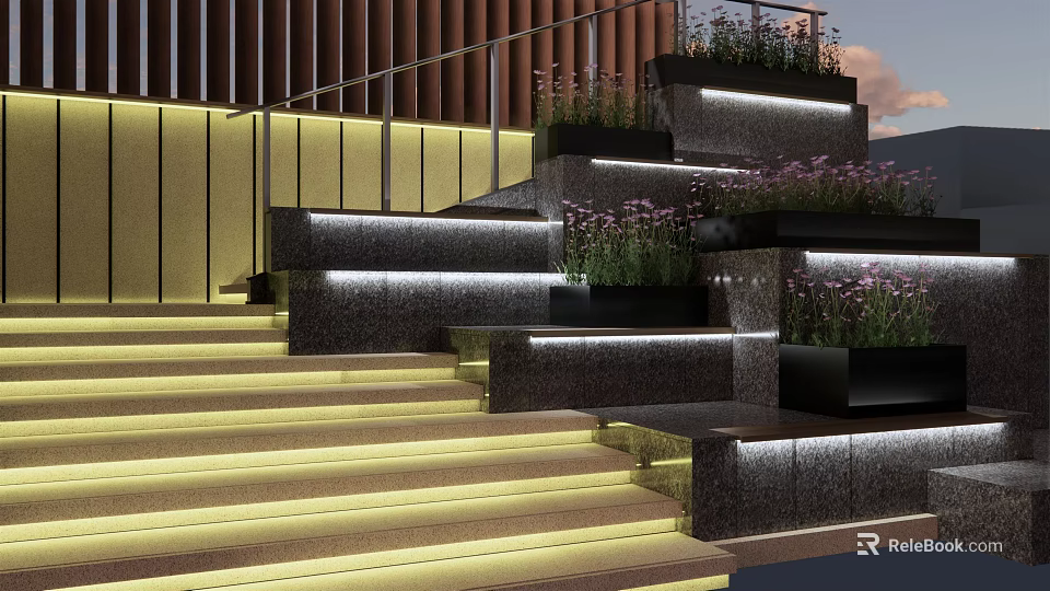 Garden Accents With Illuminated Stone Steps And Lush Plants Design 3d model 