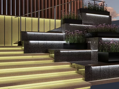 Garden Accents With Illuminated Stone Steps And Lush Plants Design 3d model