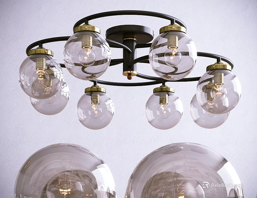Modern Chandelier With Multiple Transparent Glass Globes And Black Metal Frame 3d model 